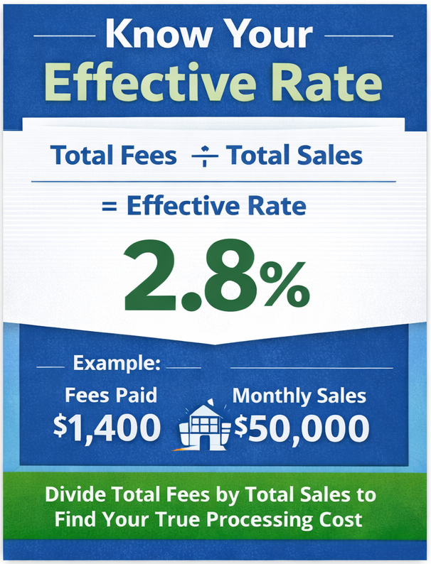 How to calculate effective rate for an ecommerce merchant account by dividing total credit card processing fees by total sales volume