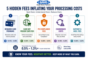 visual checklist of five hidden payment processing fees including rewards card premiums, card not present fees, PCI fees, chargebacks, and gateway costs impacting ecommerce margins