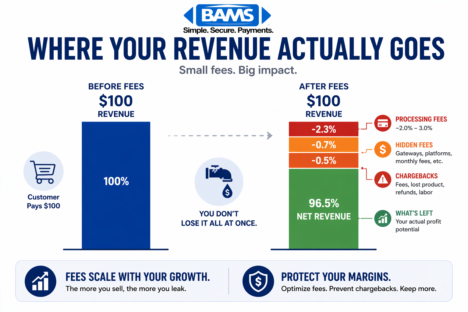 comparison of ecommerce revenue before and after transaction fees showing how processing fees hidden fees and chargebacks reduce overall profit margins