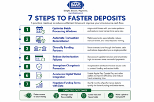 step by step faster deposit strategies for eCommerce including batch timing, authorization recovery, chargeback prevention, and funding optimization