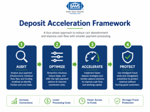 Deposit acceleration framework showing audit optimize accelerate protect steps to reduce eCommerce cart abandonment and improve payment processing
