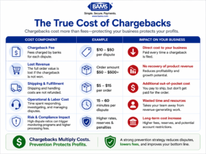 Breakdown of chargeback costs including fees, lost revenue, and operational impact