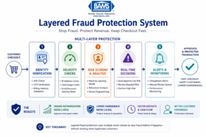 Layered fraud protection system showing AVS filters velocity checks risk scoring and automated alerts to prevent chargebacks without slowing checkout