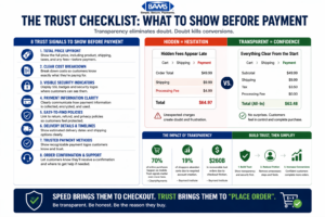 checkout trust checklist showing essential elements like total price upfront, security indicators, clear fees, and payment transparency to improve ecommerce conversions