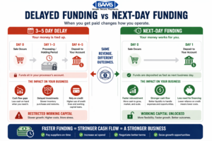 comparison of delayed funding versus next day funding showing how multi-day payment holds restrict working capital while faster deposits improve cash flow for ecommerce businesses