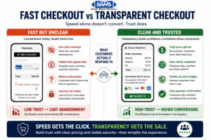 comparison of fast checkout versus transparent checkout showing how hidden fees and lack of trust reduce conversions while clear pricing increases customer confidence