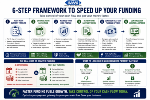 six step framework to improve payment funding speed including auditing timelines, optimizing batch time, managing risk profile, evaluating processors, and monitoring performance