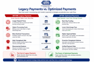 Comparison of legacy payments vs optimized payments showing faster deposits, lower costs, and improved authorization rates with Level 3 processing