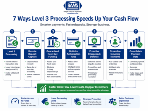 Level 3 processing cash flow framework showing seven strategies including next-day funding, authorization optimization, and chargeback prevention for eCommerce