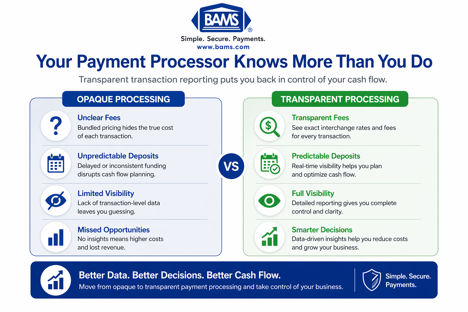 Opaque vs transparent payment processing comparison showing differences in fees, deposit timing, and transaction visibility for eCommerce businesses