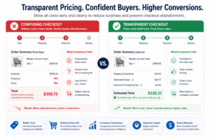 Comparison of transparent pricing versus hidden fees in checkout showing impact on customer trust and cart abandonment in eCommerce