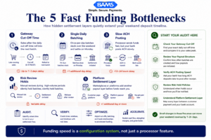 Enterprise fintech infographic showing the five most common settlement bottlenecks that slow next-day funding and delay ecommerce cash flow access.