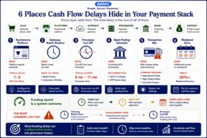 Enterprise fintech infographic showing the six specific layers where payment processing delays accumulate before deposits reach a merchant's bank account.