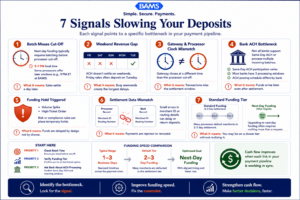 Editorial fintech infographic showing seven warning signs that reveal hidden delays in merchant funding and cash flow management.