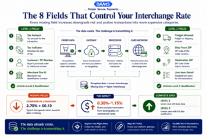 Enterprise fintech infographic showing the eight data fields that determine whether B2B commercial card transactions qualify for Level 2, Level 3, or downgraded interchange rates.