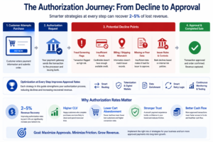 payment authorization journey showing customer attempt, issuer decision, decline points, and optimization strategies to improve approval rates