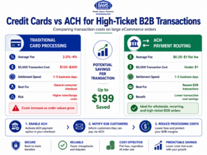 Comparison infographic showing cost differences between credit card payments and ACH payments for high-ticket B2B ecommerce transactions.