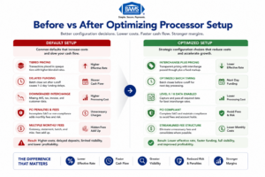 Comparison infographic showing the impact of optimized merchant processor setup on ecommerce cash flow and fees