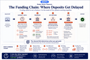Enterprise fintech infographic showing how batch timing, gateways, processors, ACH networks, and banks create bottlenecks that slow merchant funding.