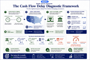 Editorial fintech infographic showing a step-by-step framework for identifying and fixing payment processing delays across ecommerce platforms, gateways, processors, banks, and settlement schedules.