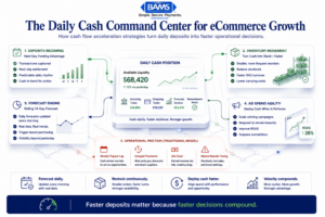 Editorial fintech infographic showing how cash flow acceleration strategies create a real-time ecommerce decision system powered by next-day funding and rolling forecasting.