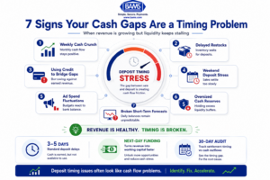 Modern fintech diagnostic infographic showing seven warning signs that ecommerce cash flow problems are caused by payment deposit timing delays rather than weak revenue.