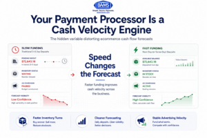 Modern fintech infographic showing how funding speed transforms ecommerce cash flow forecasting, inventory restocking, and working capital deployment.