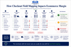 Enterprise fintech systems infographic showing how checkout field mapping determines whether commercial card transactions qualify for lower interchange rates.