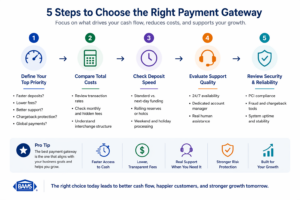 Five step framework for choosing the best payment gateway focusing on priorities, cost comparison, deposit speed, support quality, and security