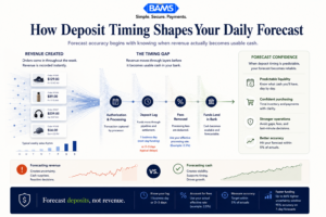Editorial fintech infographic showing how cash flow acceleration strategies improve ecommerce forecasting by aligning deposit timing, processing fees, and daily cash visibility.