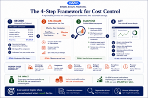 Enterprise fintech infographic showing the Decode, Calculate, Diagnose, and Act framework for reducing payment processing costs and uncovering hidden merchant fees.