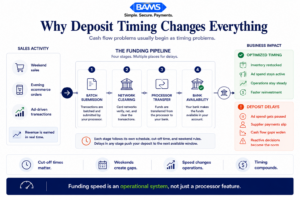 Editorial fintech infographic showing how next-day funding and payment processing speed affect cash flow management, inventory timing, and ecommerce business operations.