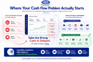 Split comparison infographic helping ecommerce businesses distinguish between true revenue problems and payment deposit timing issues.