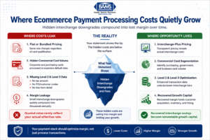 Split comparison infographic showing the hidden cost leaks inside ecommerce payment processing and the optimization opportunities that recover interchange savings.