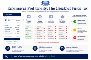 Editorial fintech infographic showing how missing Level 3 checkout fields silently increase interchange costs on B2B and government card transactions.