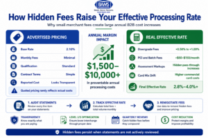 Comparison-style fintech infographic showing how hidden merchant fees increase the effective processing rate for B2B ecommerce businesses.