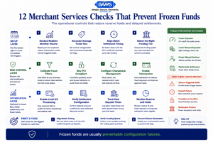 Enterprise fintech systems infographic showing the merchant services checklist items that prevent frozen funds, delayed settlements, reserve holds, and payment processing disruptions.