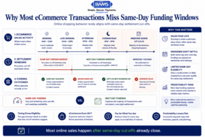 Editorial fintech infographic comparing same-day funding and next-day funding across fees, cut-off windows, settlement timing, ecommerce compatibility, and cash flow predictability.