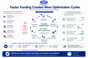 Modern fintech infographic showing how next-day funding creates faster reinvestment cycles and operational advantages for ecommerce businesses.
