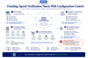 Editorial fintech infographic showing how funding speed verification depends on batch timing, settlement configuration, hidden fee audits, and live deposit tracking across ecommerce payment systems.