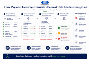 Enterprise fintech systems infographic showing how payment gateways translate ecommerce checkout data into interchange qualification outcomes.