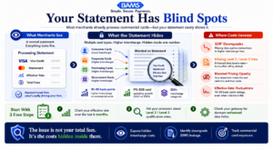 Editorial fintech infographic showing how commercial card transactions inflate ecommerce processing fees through hidden interchange costs and Level 3 downgrade exposure.