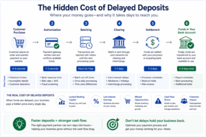 eCommerce payment flow showing delayed deposits and hidden costs including float, lost cash flow, missed opportunities, and operational impact