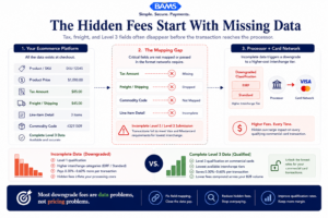 Editorial fintech infographic showing how missing tax, freight, and Level 3 transaction fields trigger interchange downgrades and inflate ecommerce payment processing costs.