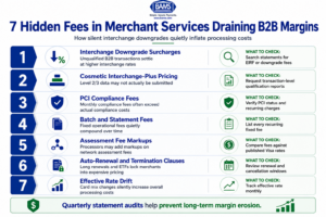 Professional fintech infographic showing seven hidden merchant processing fees affecting B2B ecommerce businesses including interchange downgrades, PCI fees, assessment markups, and auto-renewal traps.