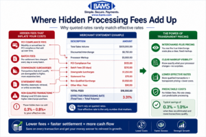 infographic showing hidden merchant processing fees including PCI fees downgrade surcharges batch fees and non qualified transaction costs compared with transparent interchange plus pricing
