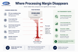 visual infographic showing hidden payment processing fees leaking ecommerce margins through downgrade fees PCI fees cross border surcharges and flat rate pricing