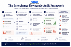 Enterprise fintech systems infographic showing how ecommerce merchants audit hidden fees in processing by tracing Level 2 and Level 3 interchange downgrades.