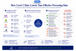 Editorial fintech infographic showing how payment gateway integration routes Level 3 data fields to reduce the effective processing rate on B2B transactions.