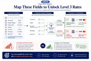 Editorial fintech infographic showing the exact ecommerce order fields required for Level 3 interchange qualification and lower B2B payment processing fees.